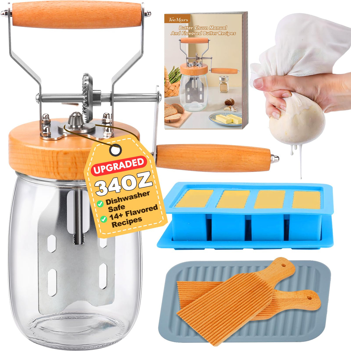 TeeMars batidor de mantequilla con jarra Mason 34 oz para mantequilla casera fresca.
