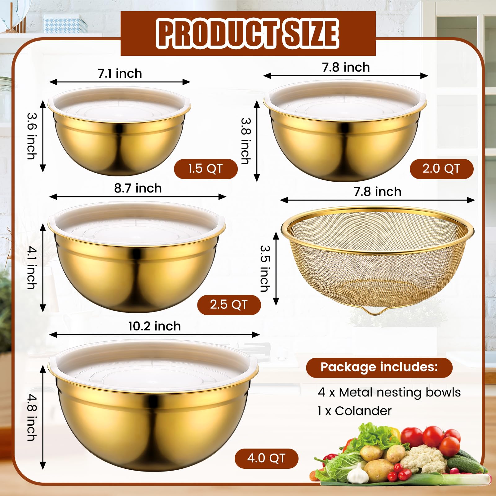 Teenyyou cuenco dorado de 2.0 qt para mezclar ingredientes cómodo