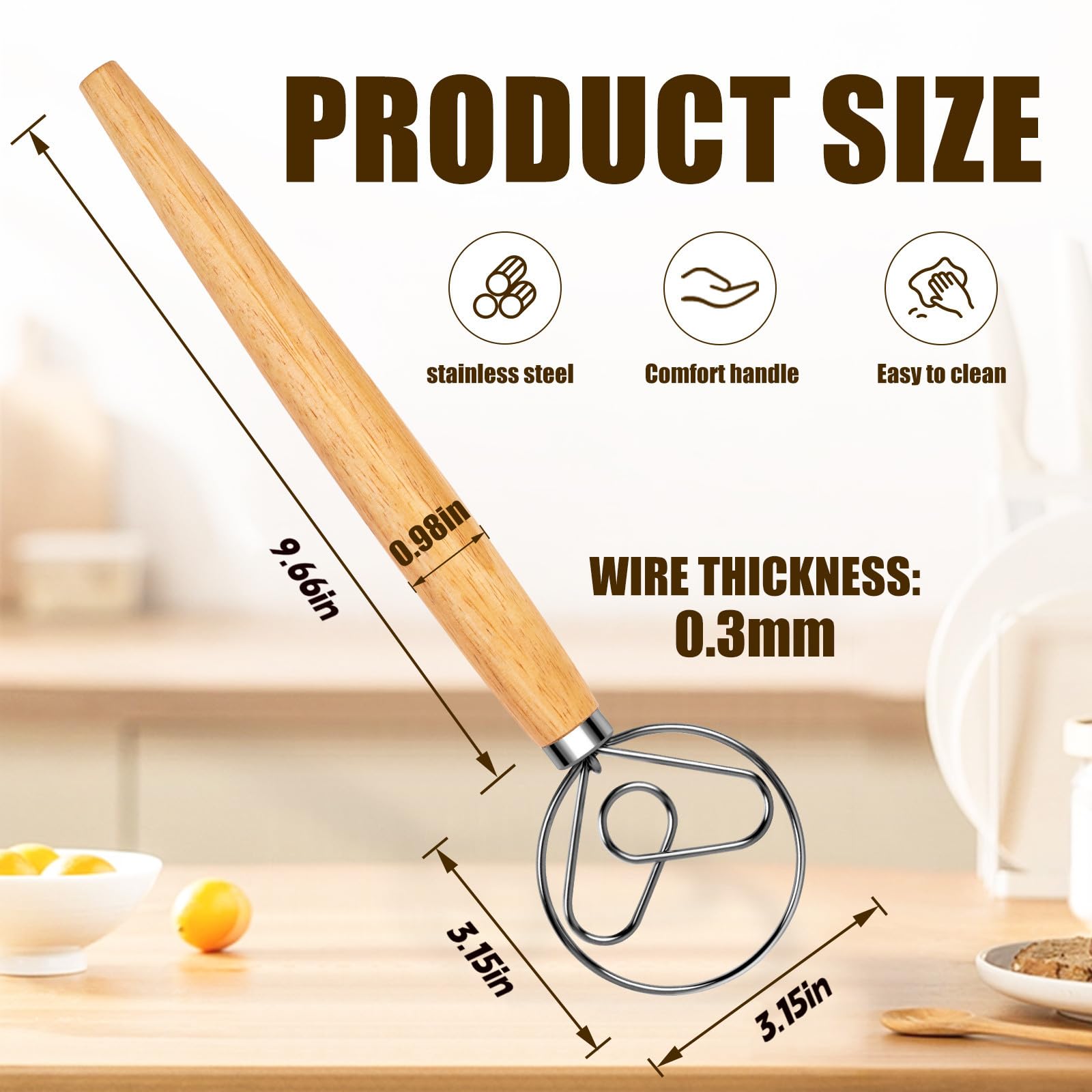 Teevea batidor danes para masa, mango ergonomico facilita amasado prolongado.