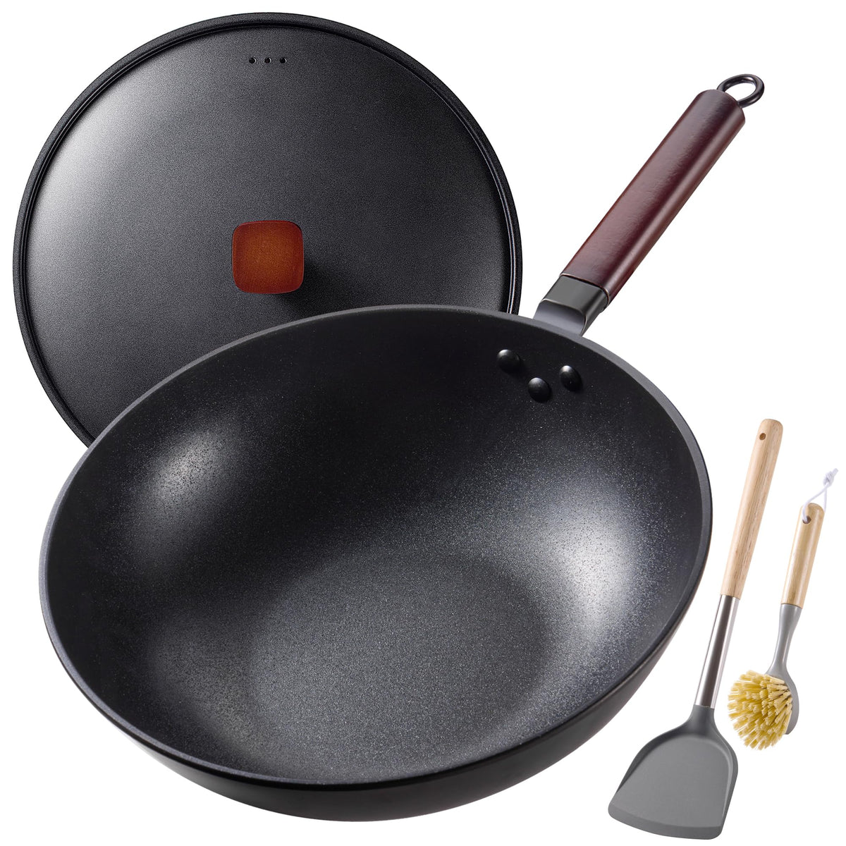 Teewe Wok de acero al carbono 13 pulgadas, vista frontal, calienta rápido para salteados.