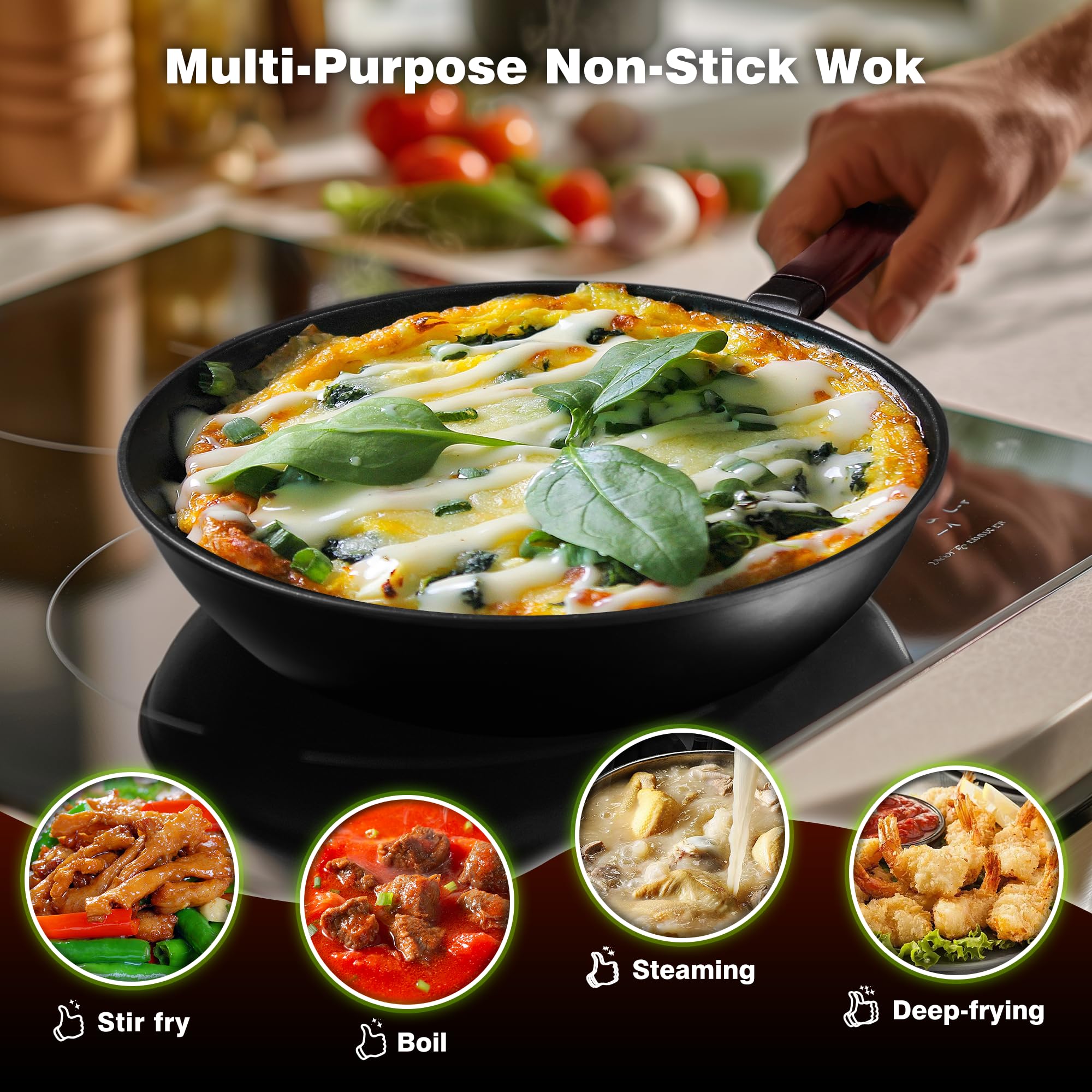 Teewe Wok pre-temperado a alta temperatura para iniciar la cocción