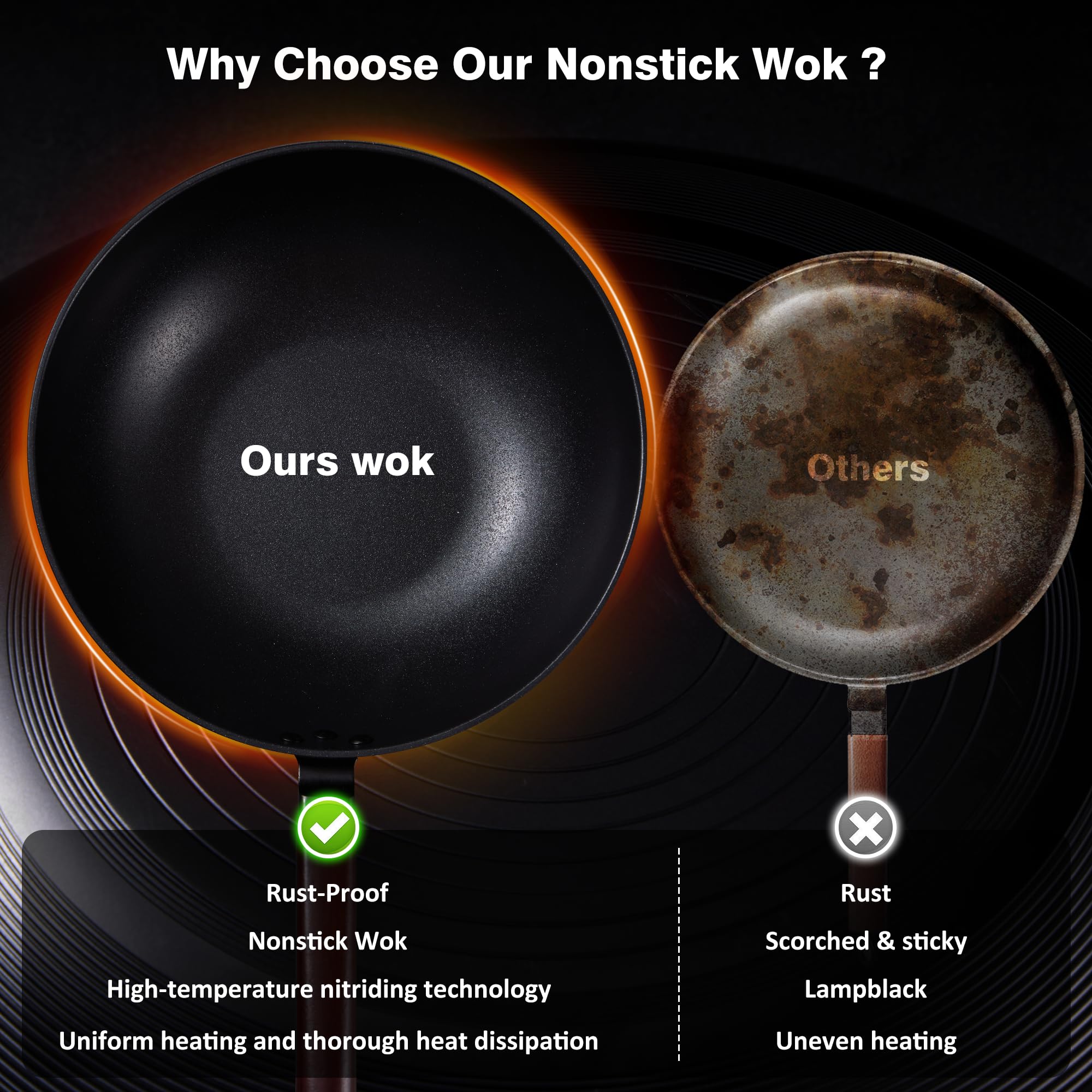 Teewe Wok superficie pre sazonada, antiadherente natural para cocinar con menos aceite.