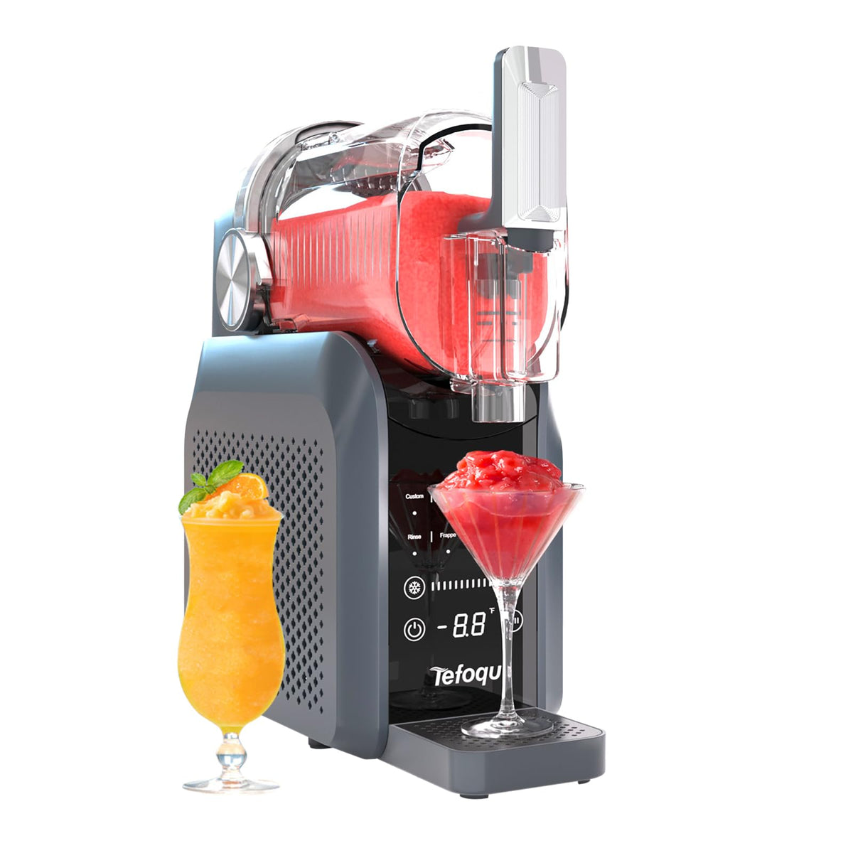 Tefoqu Slushie frente de la máquina, diseño compacto para encimeras y uso diario.