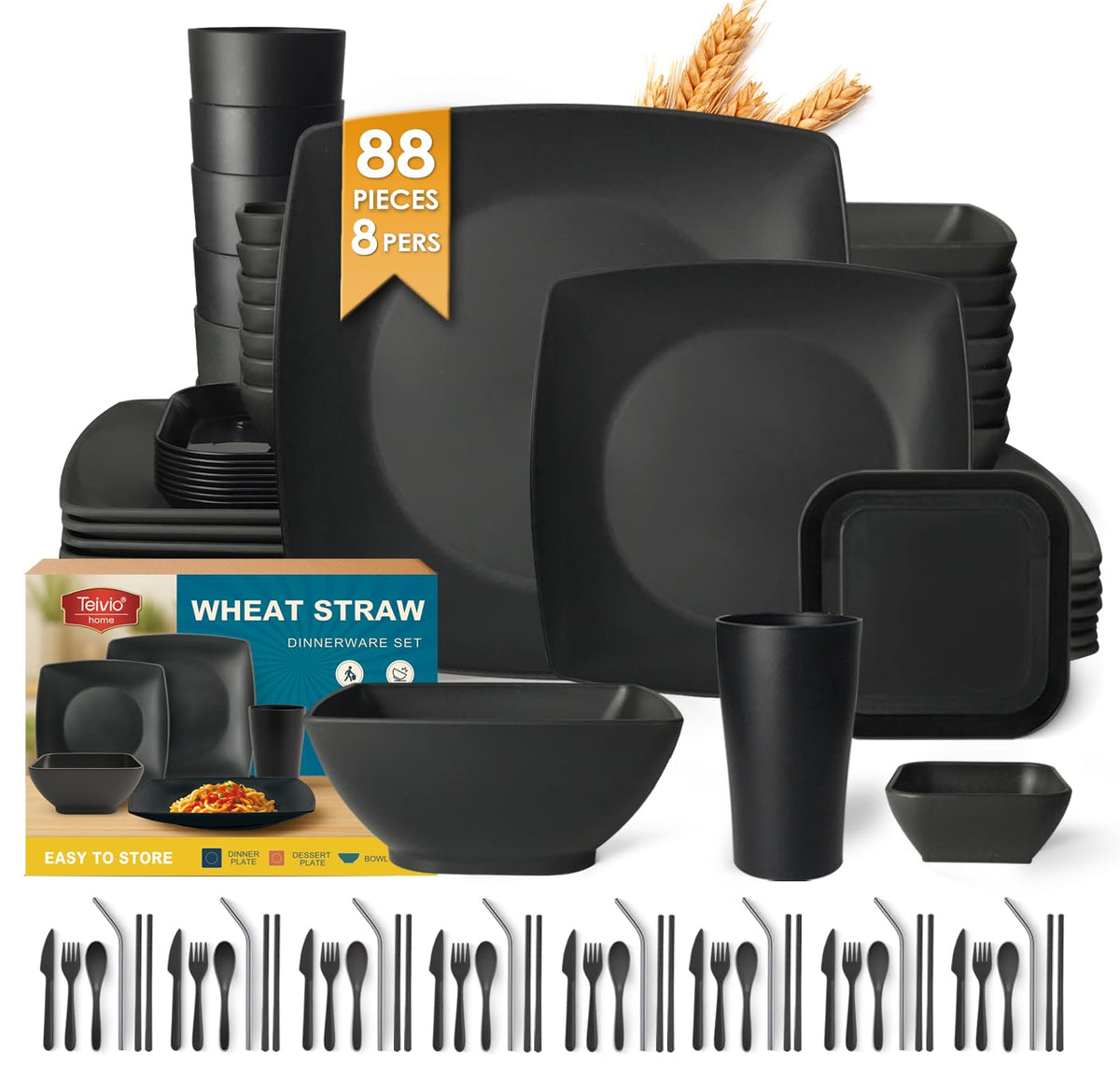 Teivio 88 piezas: plato principal cuadrado, duradero y ideal para comidas familiares.