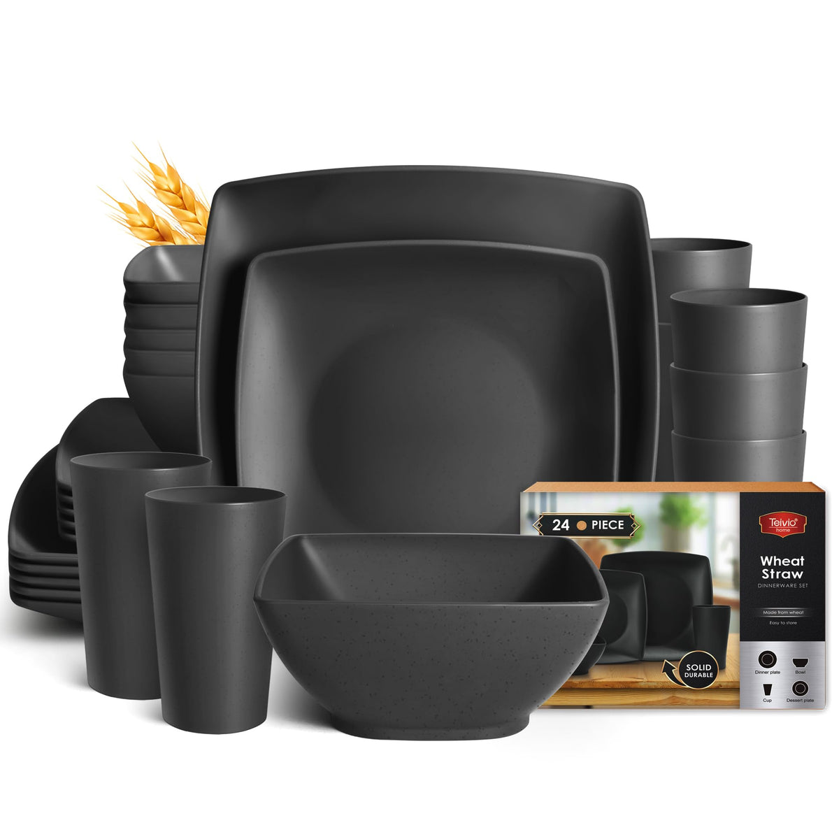 Teivio platos de cena cuadrados, 6 piezas, diseño compacto para comer en casa
