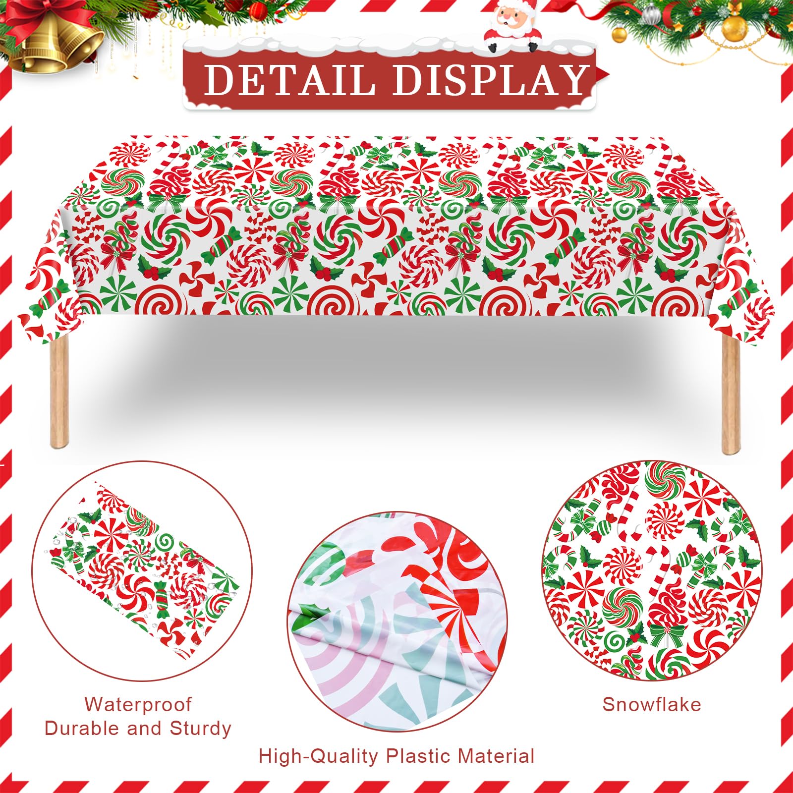Mantel plástico Temicle blanco con acentos rojos y verdes para proteger la mesa.