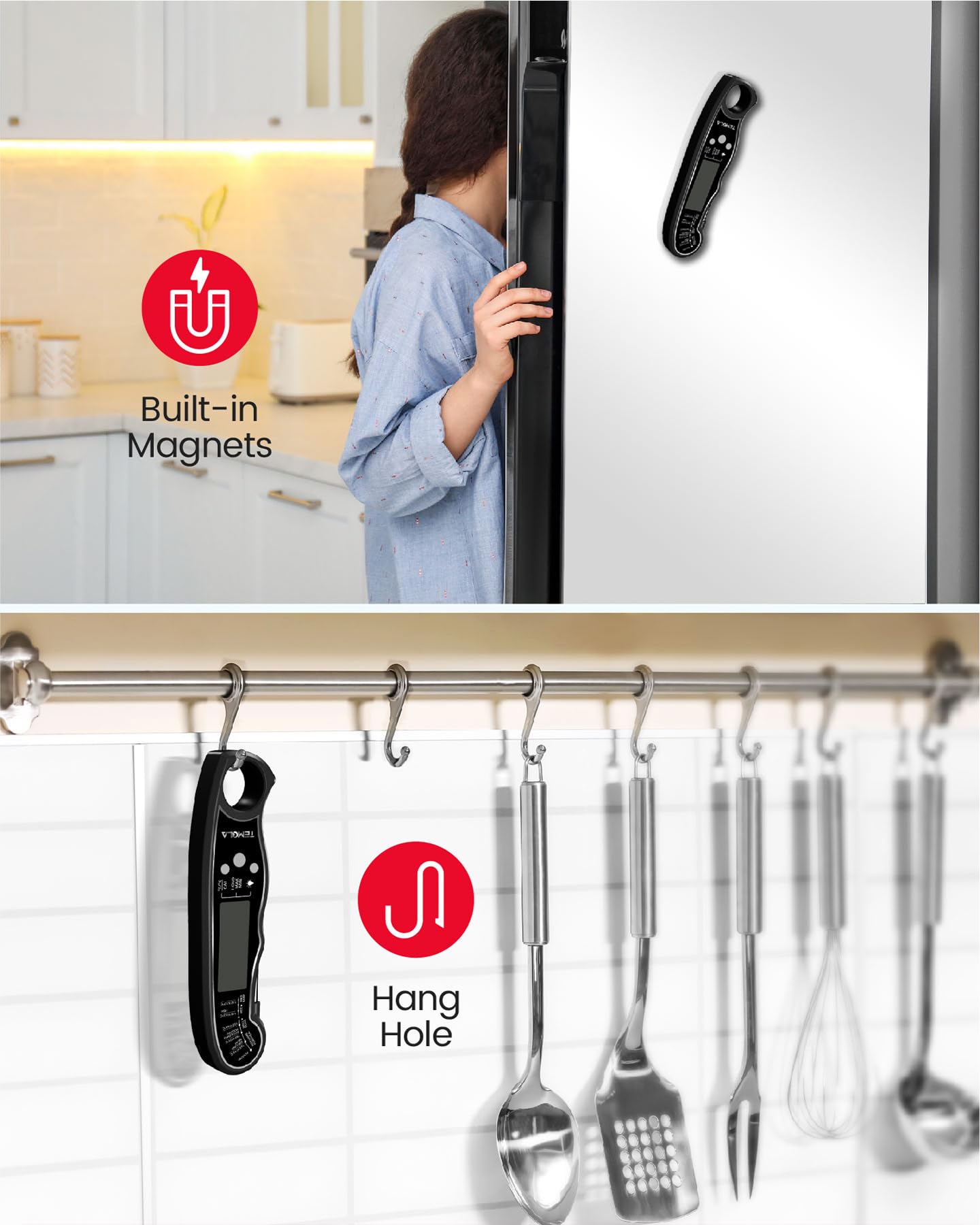 TEMOLA Termómetro con accesorios y guía de temperaturas para cocina