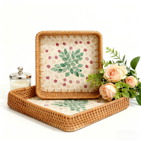 TEMUGODIE bandeja rectangular de rattan con perla, ideal para servir y decorar.