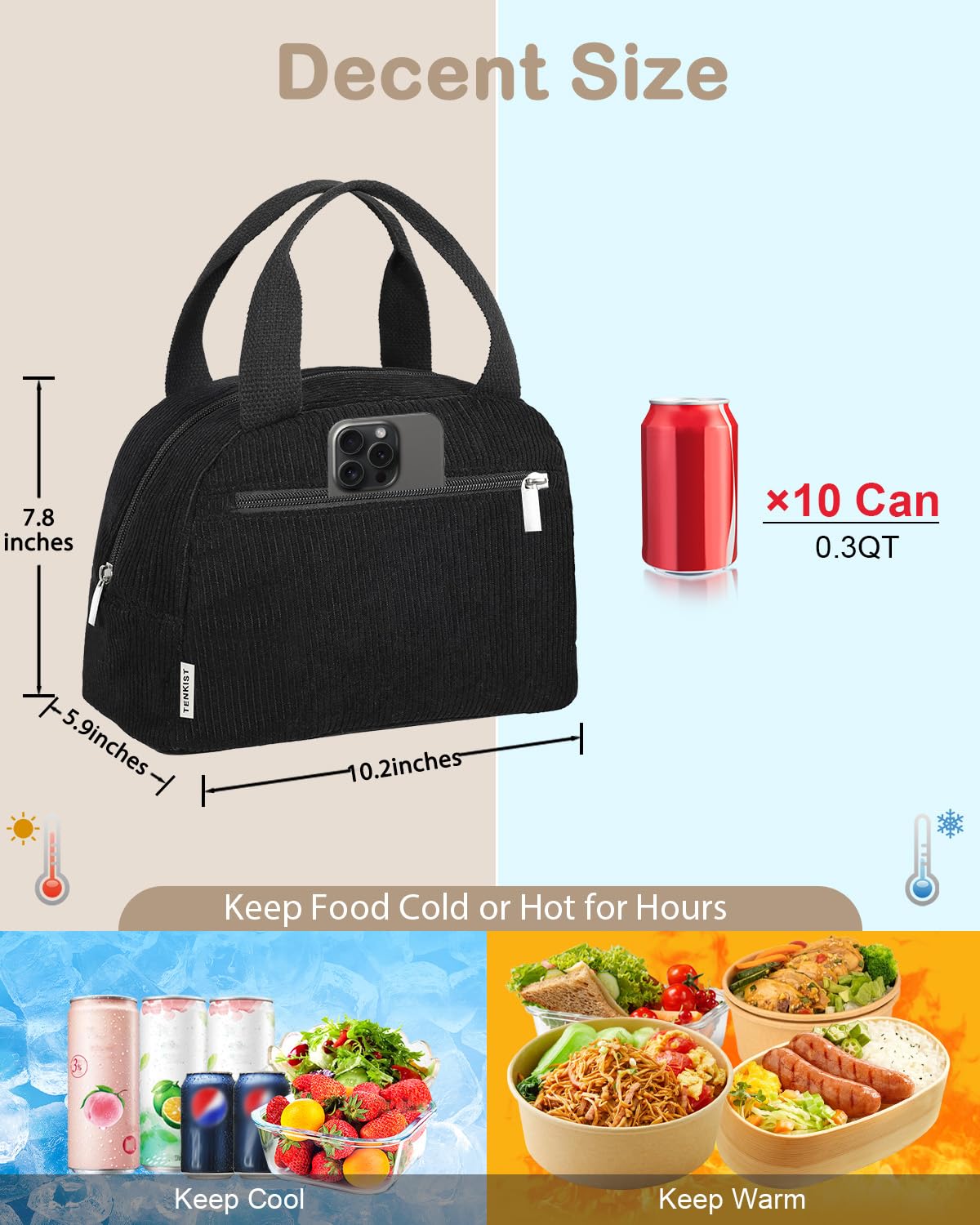 TENKIST bolsa de almuerzo de pana, asa duradera, transporte cómodo en viajes.