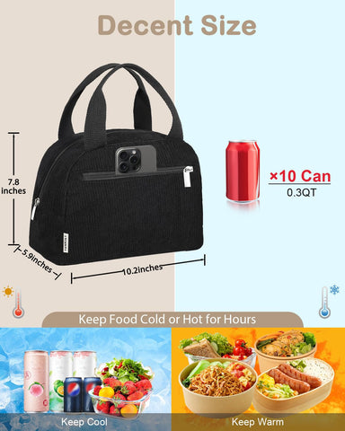 TENKIST bolsa de almuerzo de pana, asa duradera, transporte cómodo en viajes.