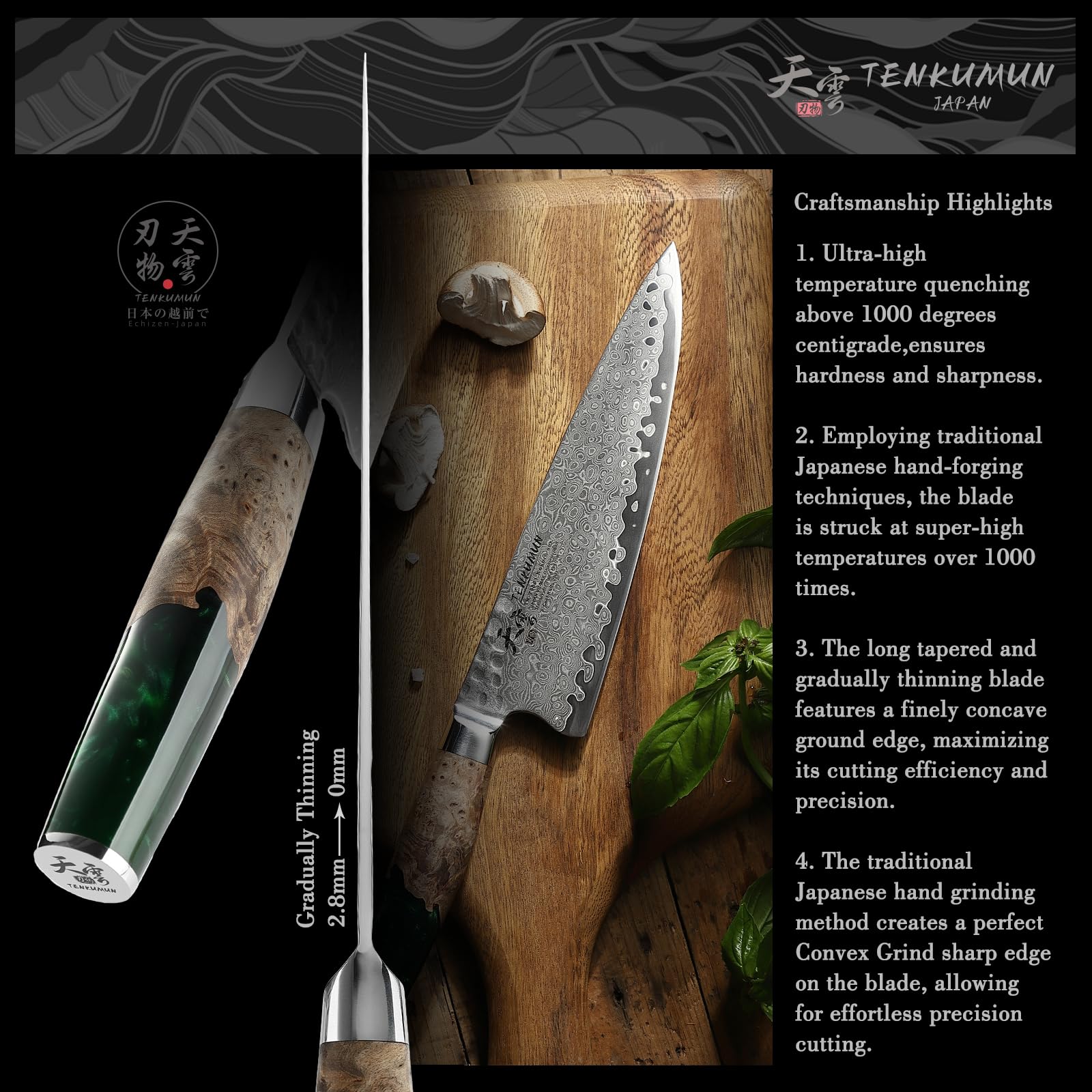 Tenkumun diseño híbrido japonés americano en cuchillo de cocina
