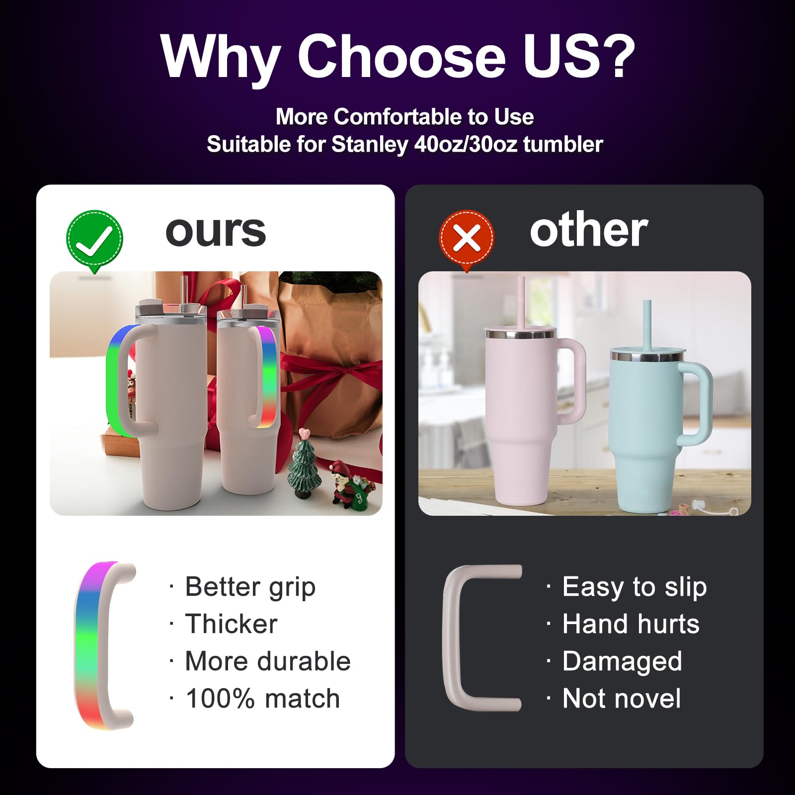 Tenlary manija iluminada para Stanley 40oz en morado, perfecta para eventos nocturnos