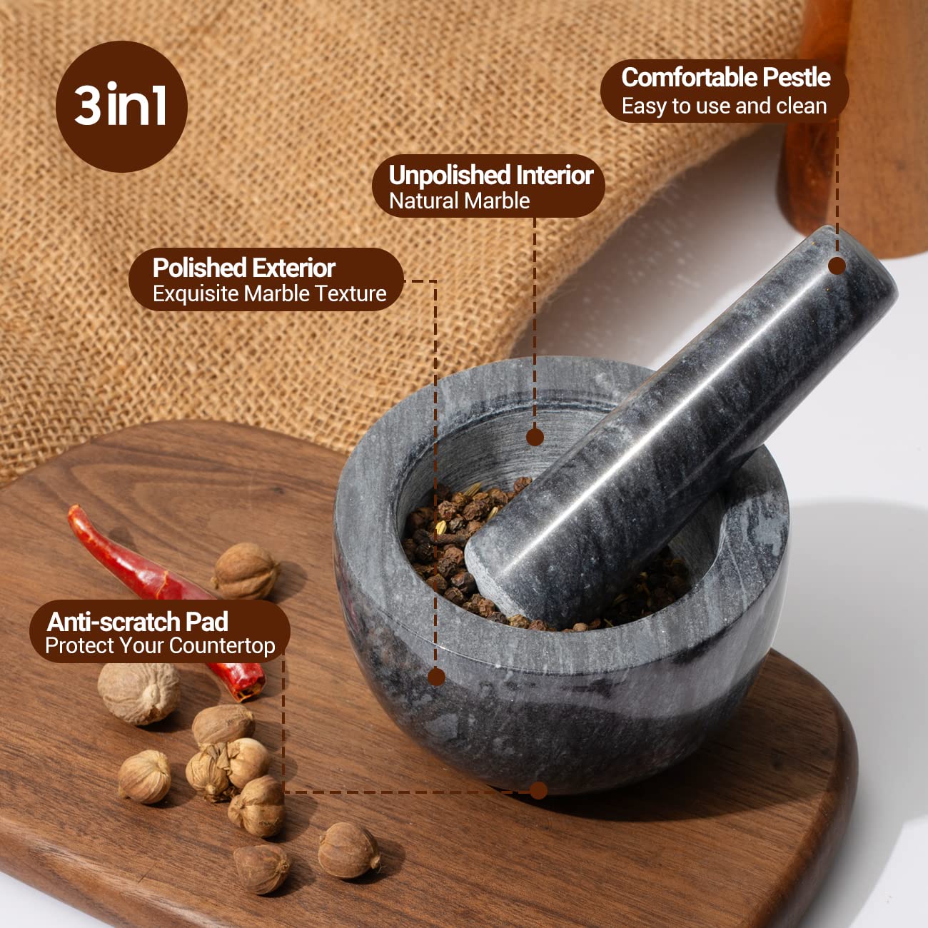 Tera mortero y pilón, exterior pulido para una cocina elegante.