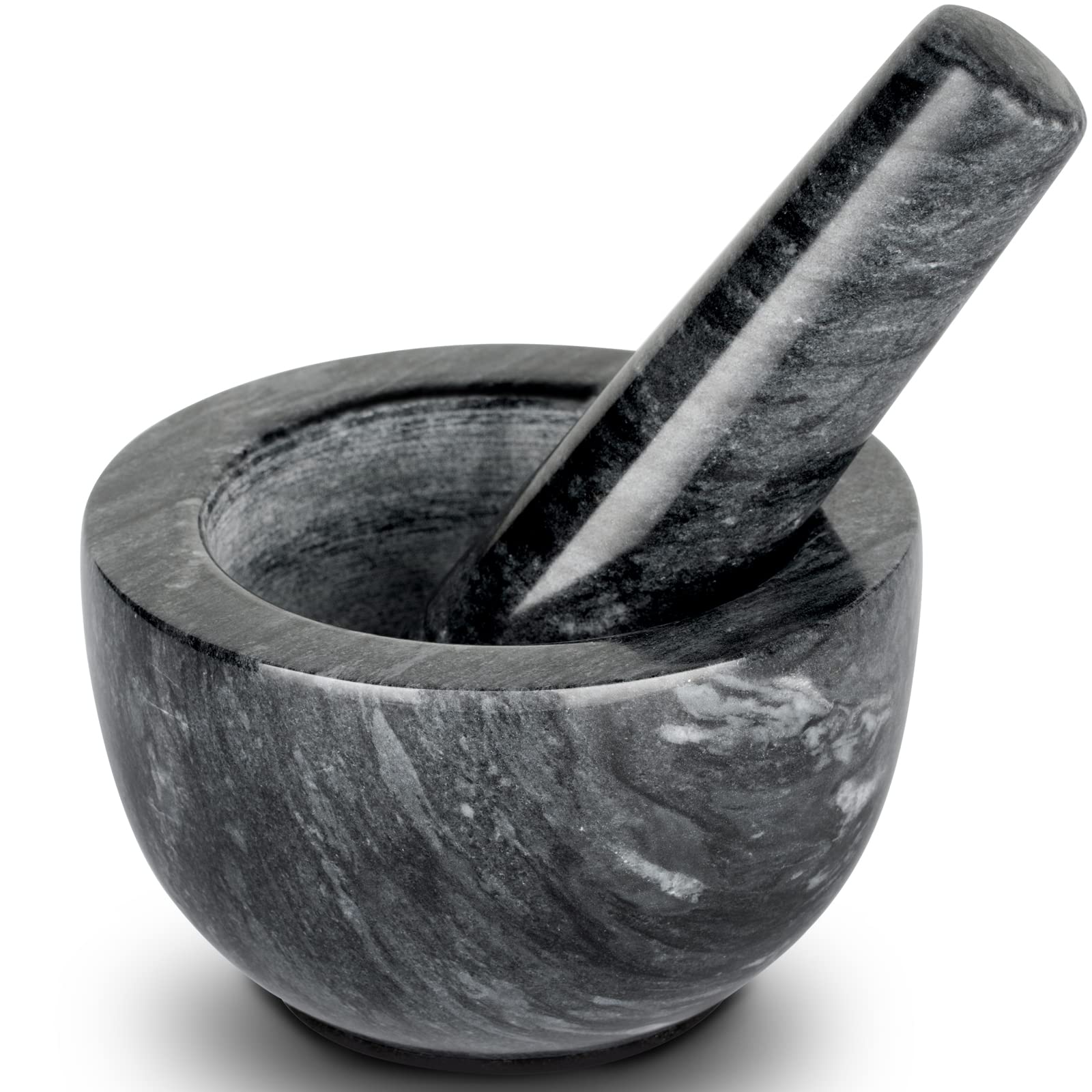 Tera mortero y pilón de mármol negro, ideal para moler especias.