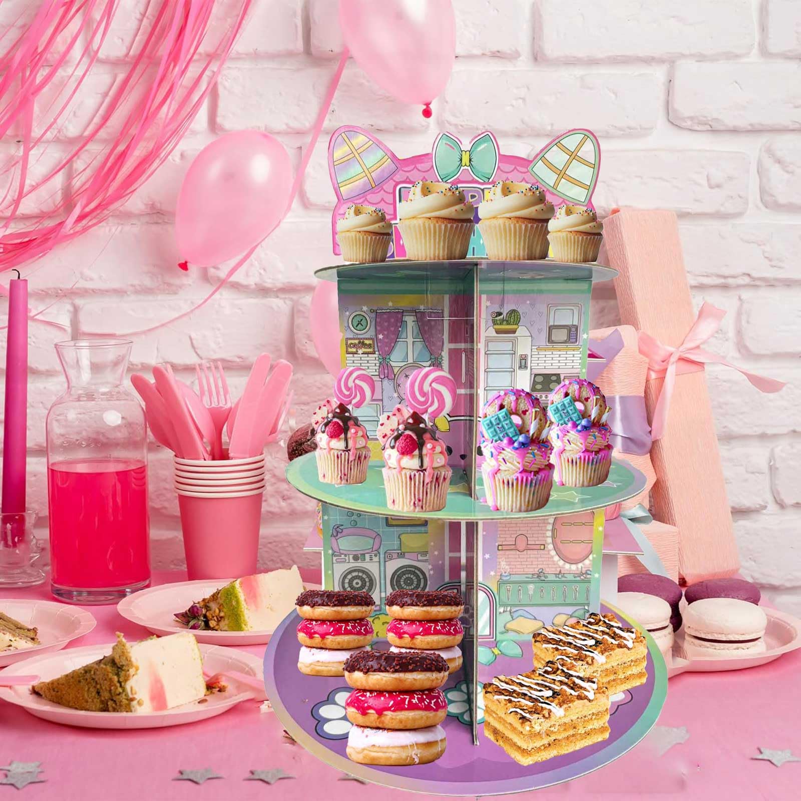 Presentación de postres Terasilian en rosa, torre de 3 niveles para postres