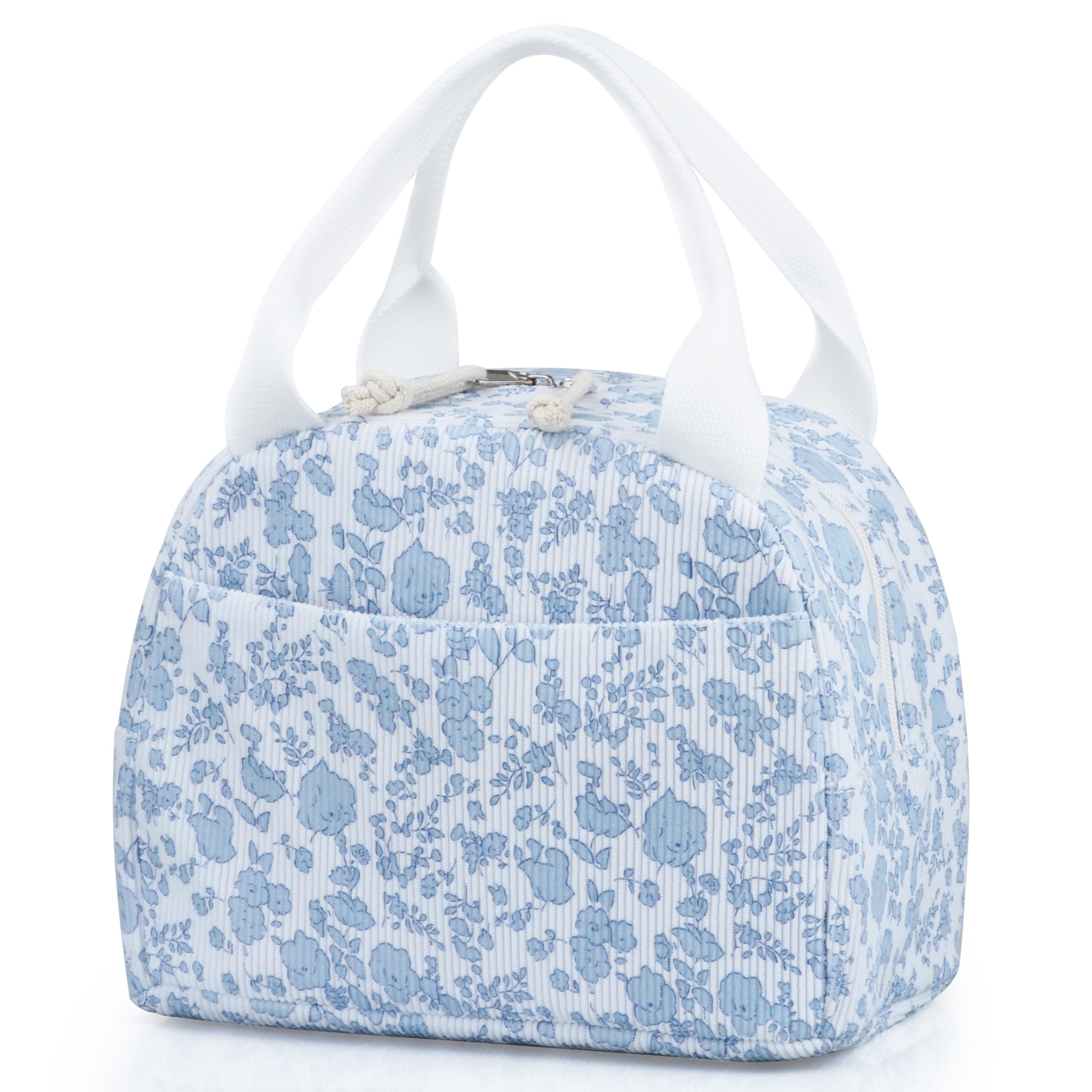 TESAFNG bolsa de almuerzo pana azul con flor, aislamiento que mantiene la comida fresca.