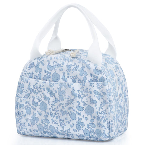 TESAFNG bolsa de almuerzo pana azul con flor, aislamiento que mantiene la comida fresca.
