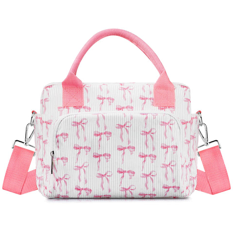 TESAFNG bolsa de almuerzo para mujer rosa con lazo, diseño acolchado en pana.