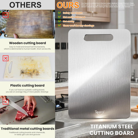 TESFLY tabla de corte titanio dura mucho, ideal para uso diario en cocina.