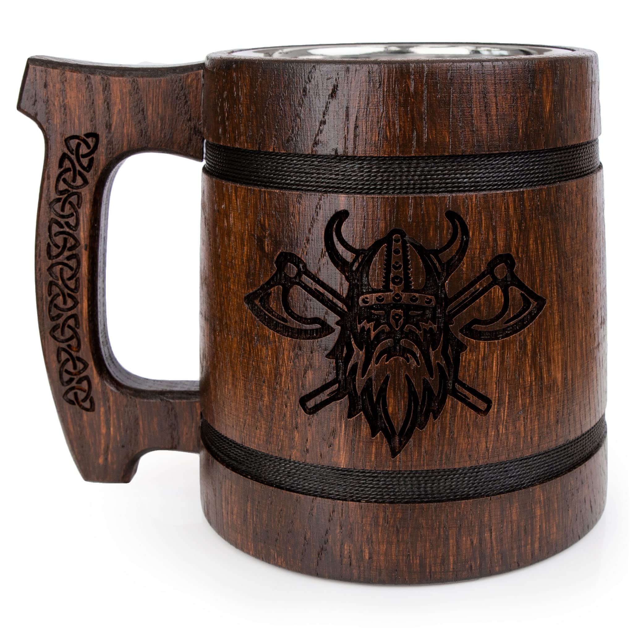 Teslyar jarra 20oz con diseño vikingo y madera, ideal para brindar.