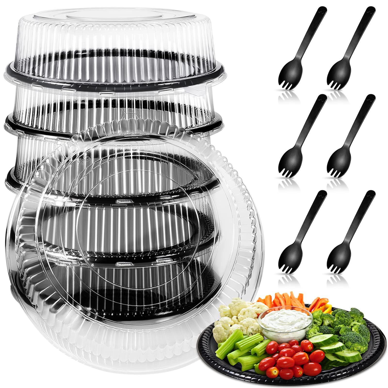Bandejas Tessco con tapa y cubiertos tipo espork, ideales para catering y comida para llevar.