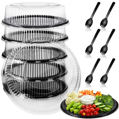 Bandejas Tessco con tapa y cubiertos tipo espork, ideales para catering y comida para llevar.