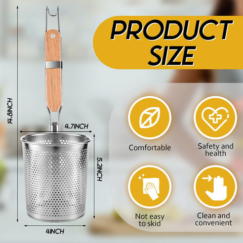 Tessco escurridor con mango de madera ofrece manejo cómodo y seguro.