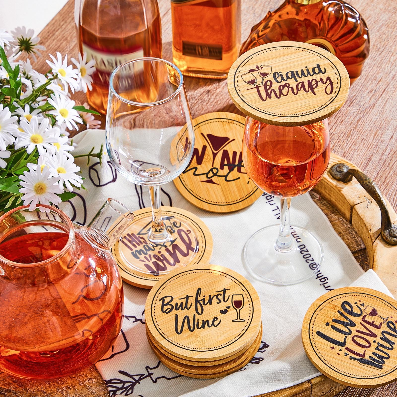 Tessco for you, cubiertas para vaso de vino en bambú, diseño 6, conservan aroma y evitan polvo