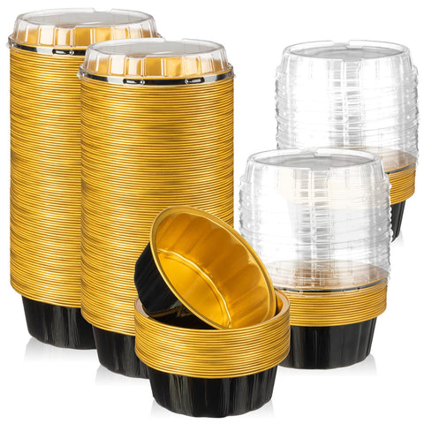 Ramequines Tessco para ti con tapa negro oro, ideales para postres y horneado.
