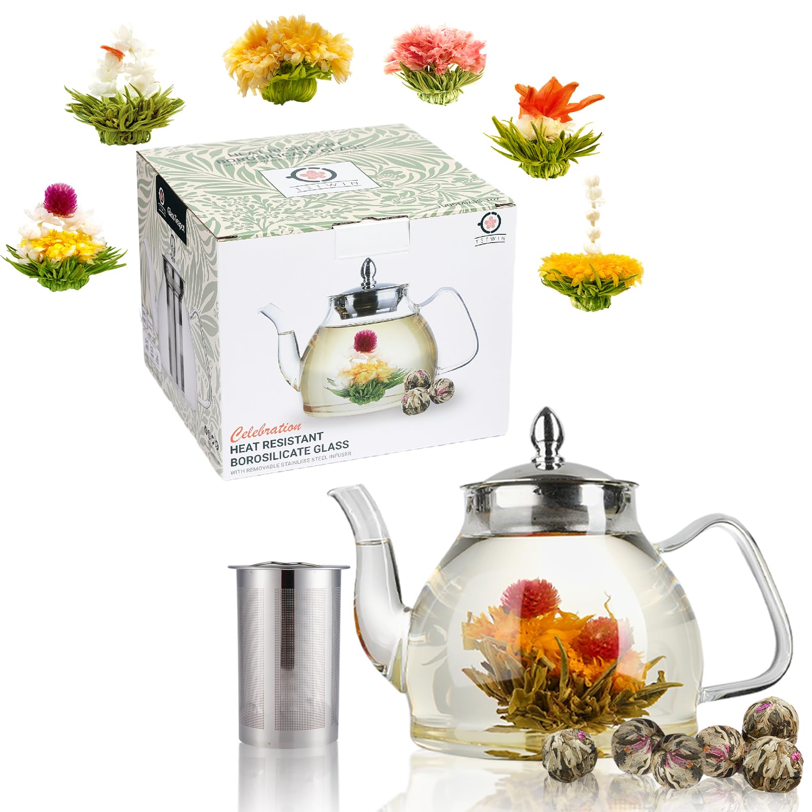 TETWIN tetera de vidrio con infusor removible para infusiones limpias y aromáticas