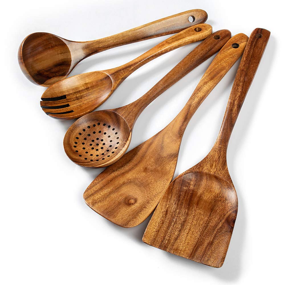 TEZZ conjunto de utensilios de cocina en madera de acacia, 5 piezas para uso diario.