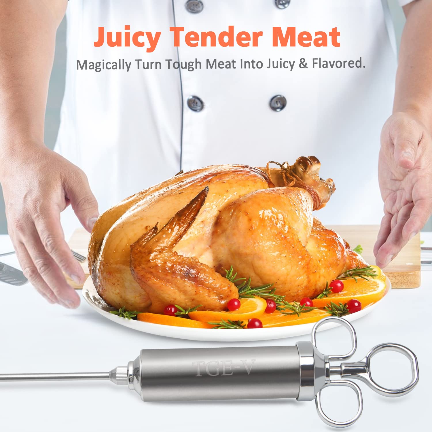 Inyector TGE-V para asados grandes, útil para carnes gruesas.