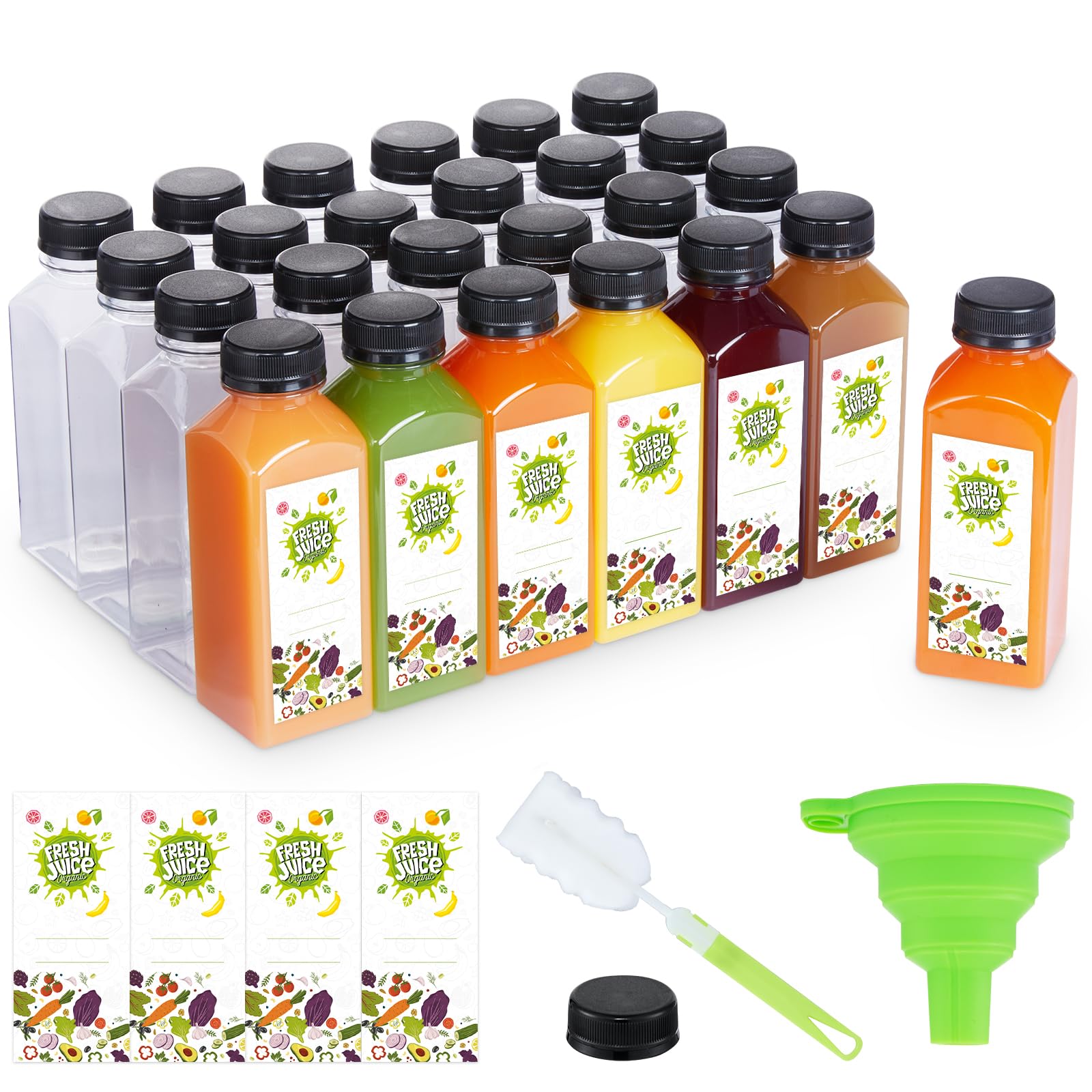 The Buyer Choice botellas-plastico claras con tapas, ideales para jugos caseros.
