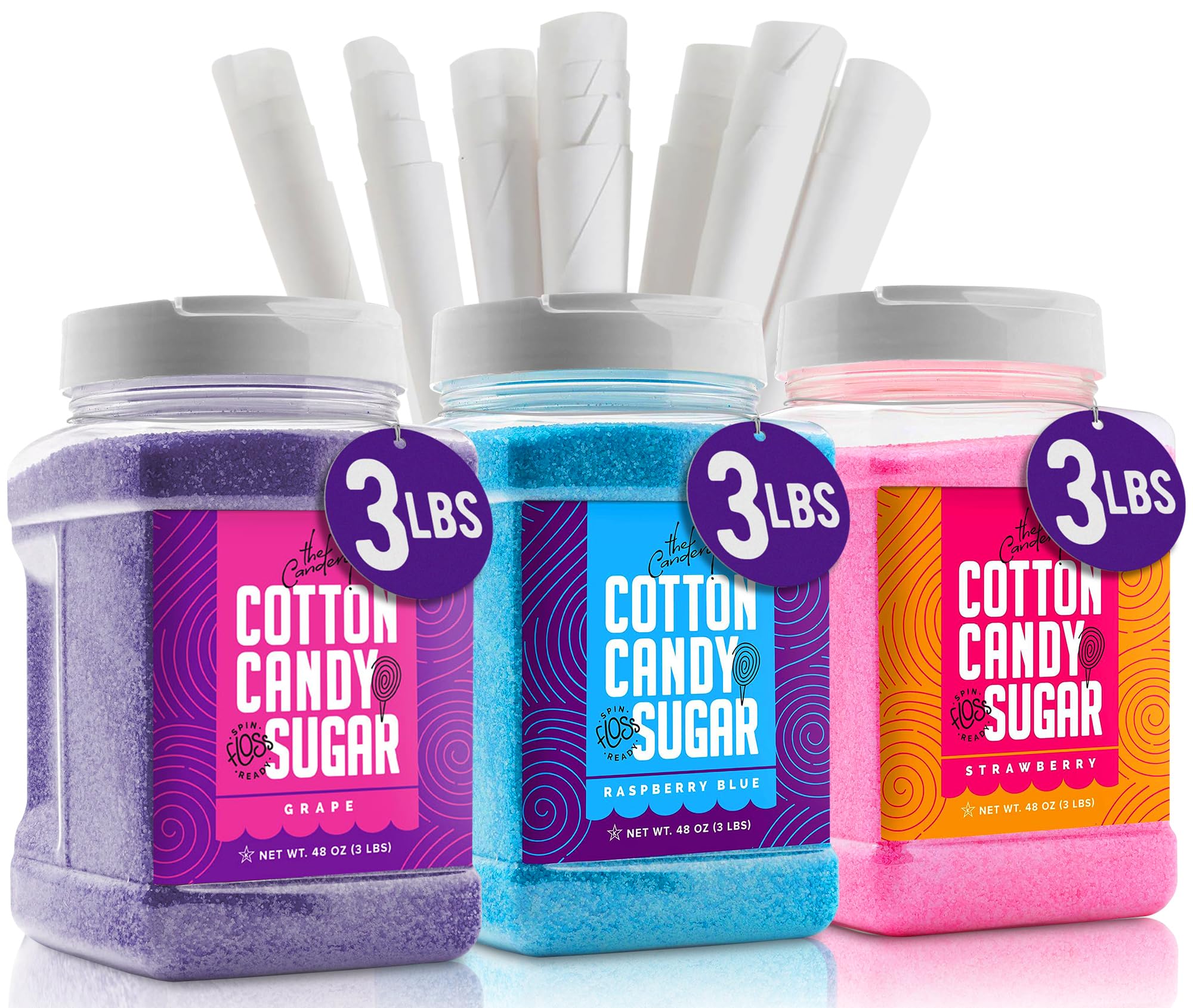 The Candery, azúcar para algodón de azúcar 3-pack con conos para fiestas en casa