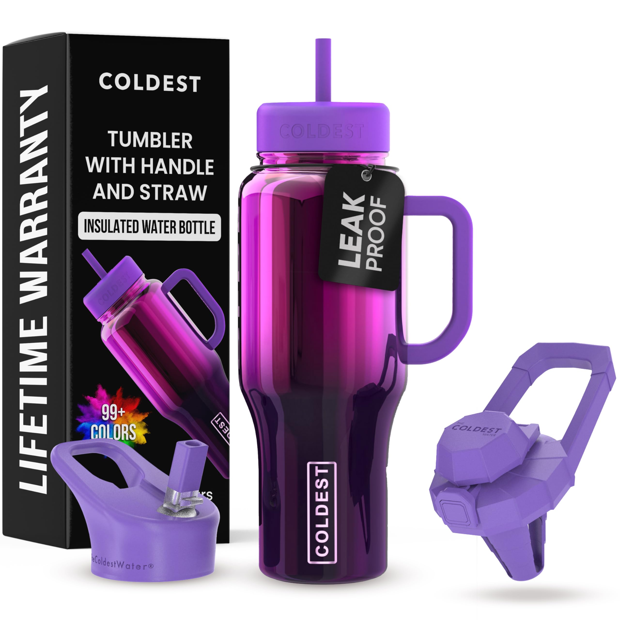 The Coldest Water Tumbler con asa de acero inoxidable, perfecto para llevar todo el día.