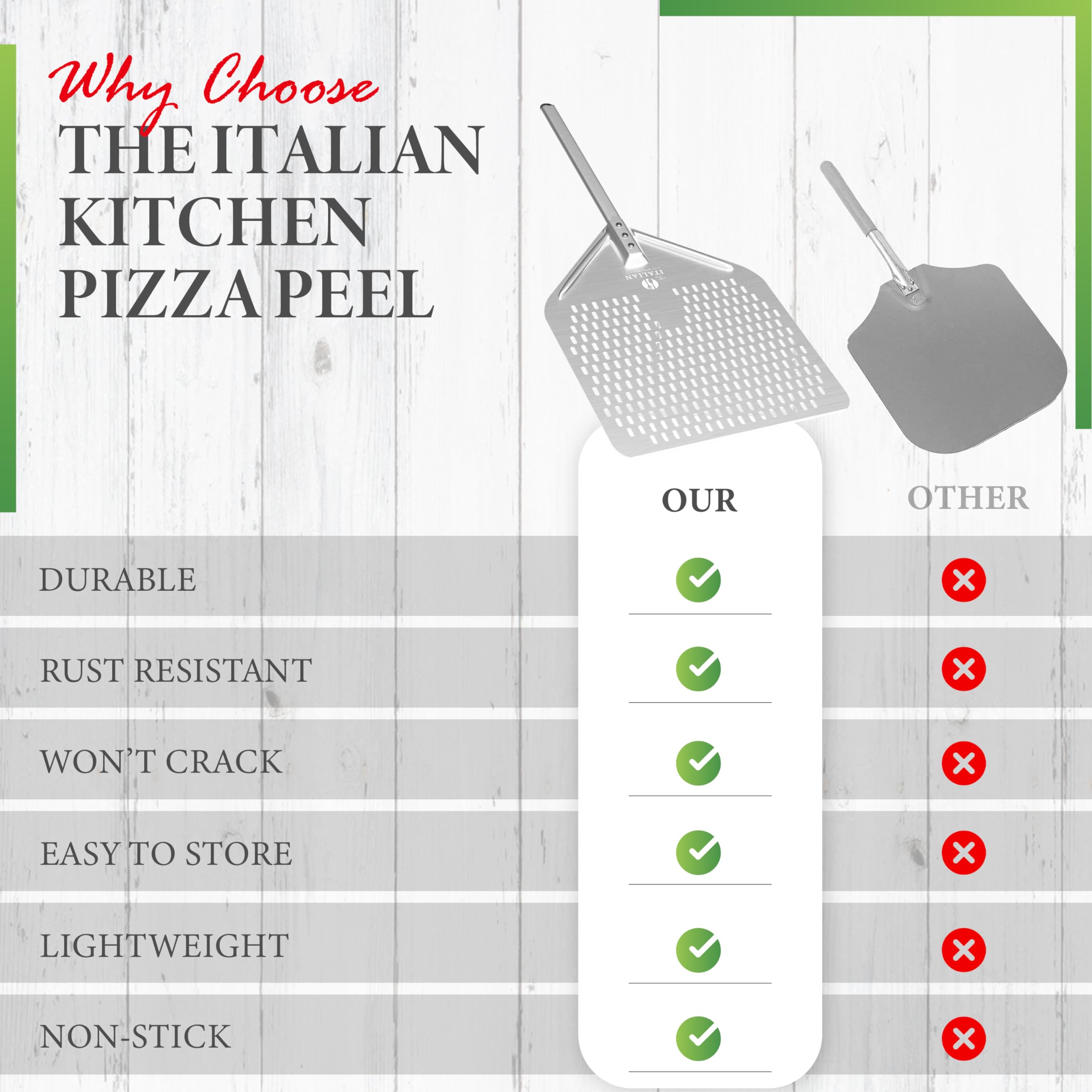 The Italian Kitchen gancho incluido facilita guardar la pala cuando no se usa.