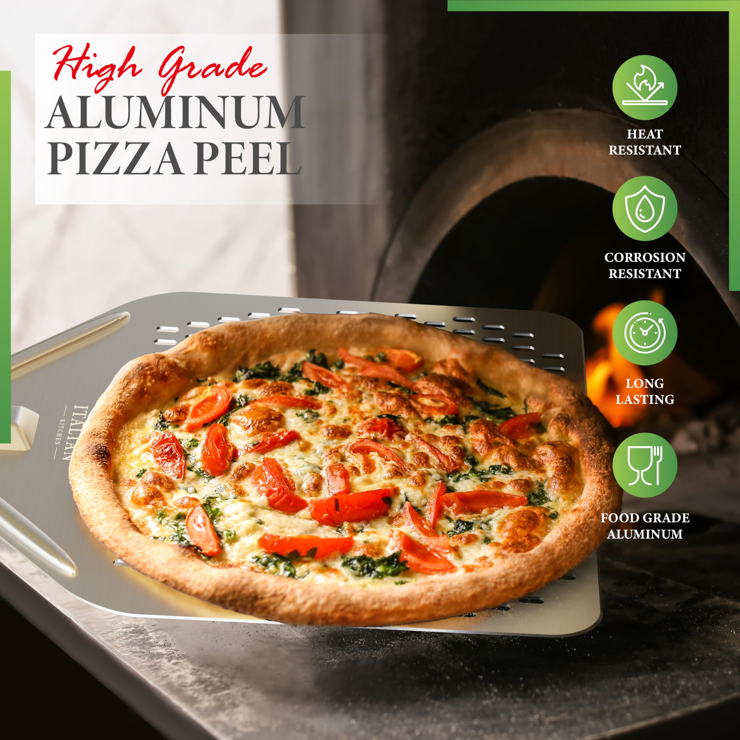 The Italian Kitchen mango largo 27,3 pulgadas ofrece mayor control al sacar pizzas.