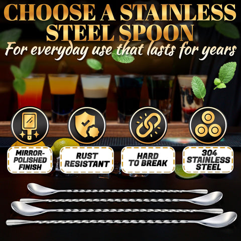 The Little Green Change: set de 4 cucharas coctel con mango largo para servir bebidas.