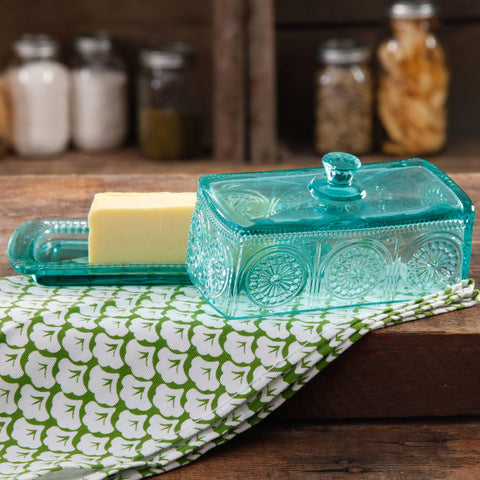 The Pioneer Woman Adeline mantequera de cristal teal, diseño vintage para reuniones y regalos.