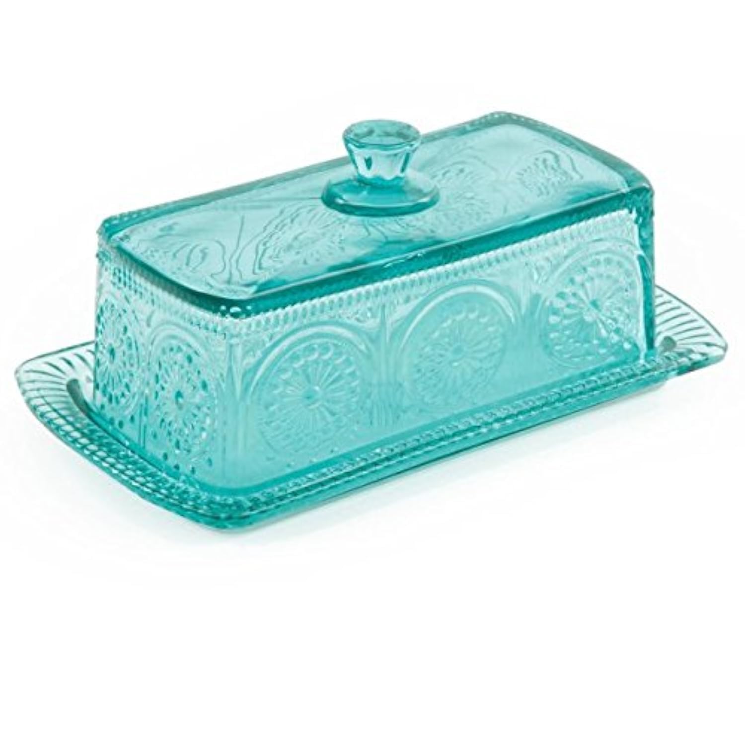 The Pioneer Woman Adeline mantequera de cristal teal con tapa, ideal para servir mantequilla en la mesa.