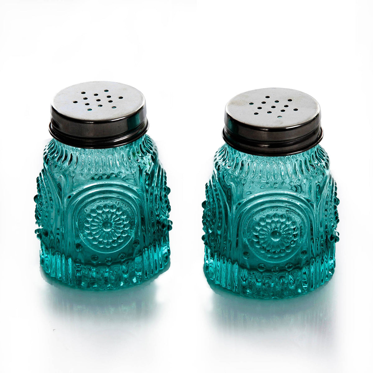 The Pioneer Woman Adeline Teal salero y pimentero en vidrio, diseño elegante para la mesa.