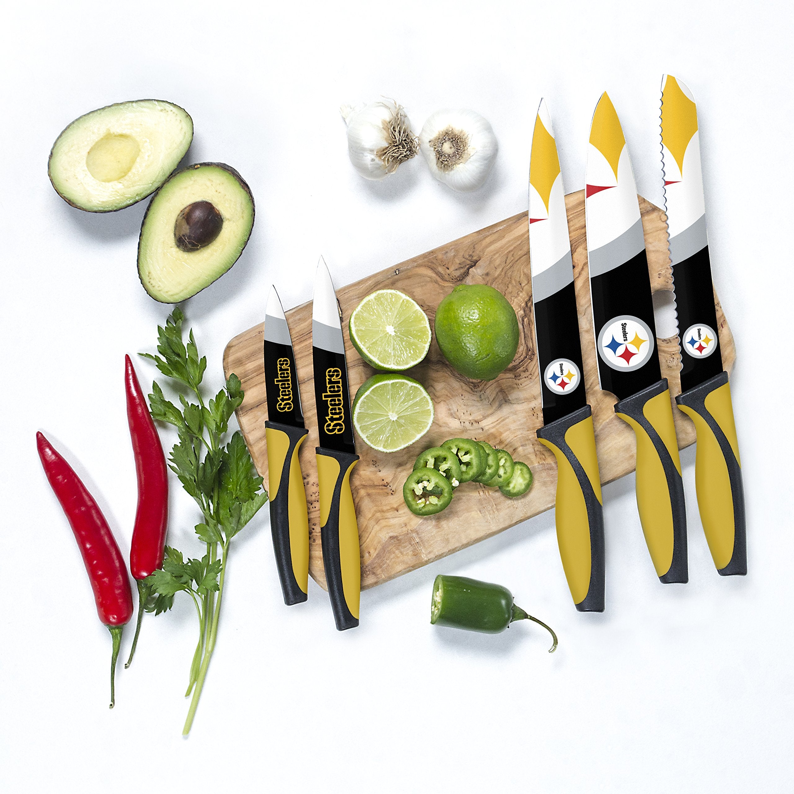 The Sports Vault Steelers cuchillos con arte del equipo para homegating y cocina diaria.