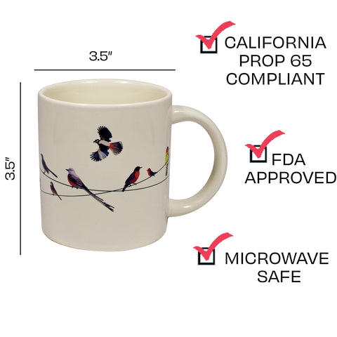 La taza 12 oz de The Unemployed Philosophers Guild revela aves en color.
