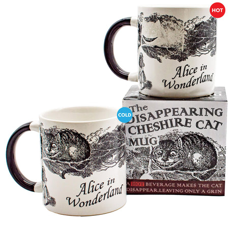 The Unemployed Philosophers Guild taza Cheshire Cat calor revela sonrisa, ideal para café.