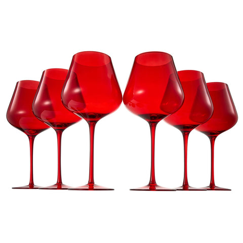 The Wine Savant copas vino cristal rojo rubí, juego de 6 para festividades.