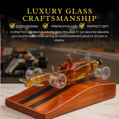 The Wine Savant decantador whisky coche F1, vista frontal para apreciar su silueta.