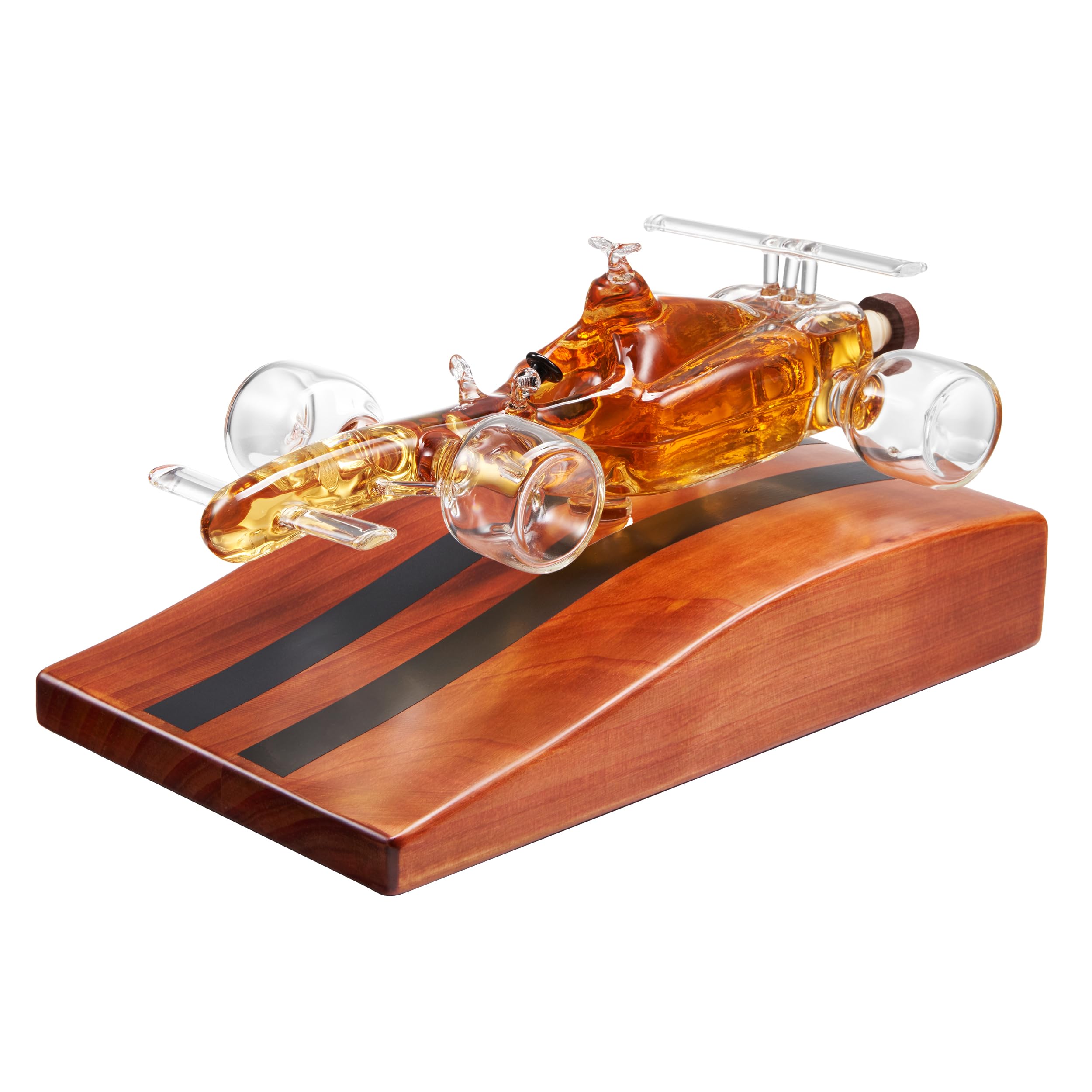 The Wine Savant decantador whisky F1 con diseño de coche, ideal para bar elegante.