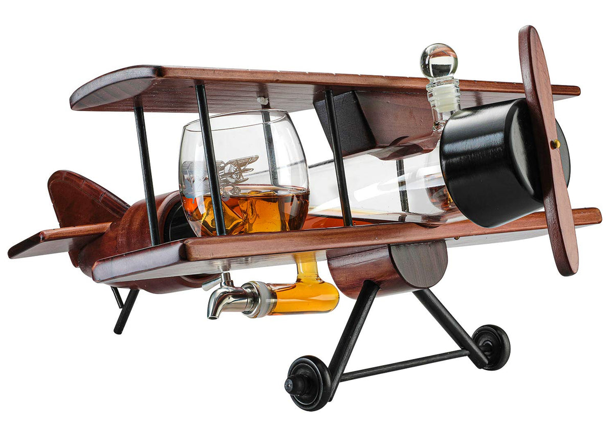 The Wine Savant decantador avion antiguo en madera para bourbons y vinos.