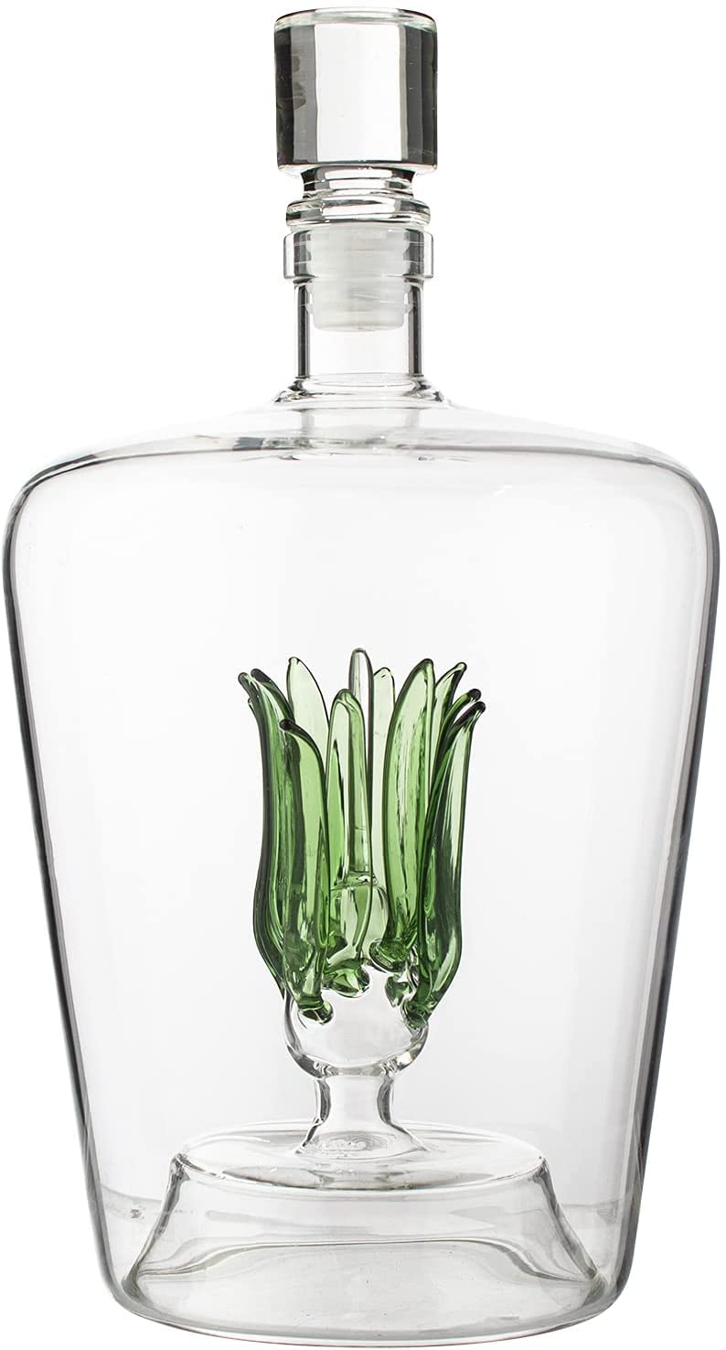 The Wine Savant Tequila Aloe Decanter con planta de agave, ideal para rituales y reuniones.