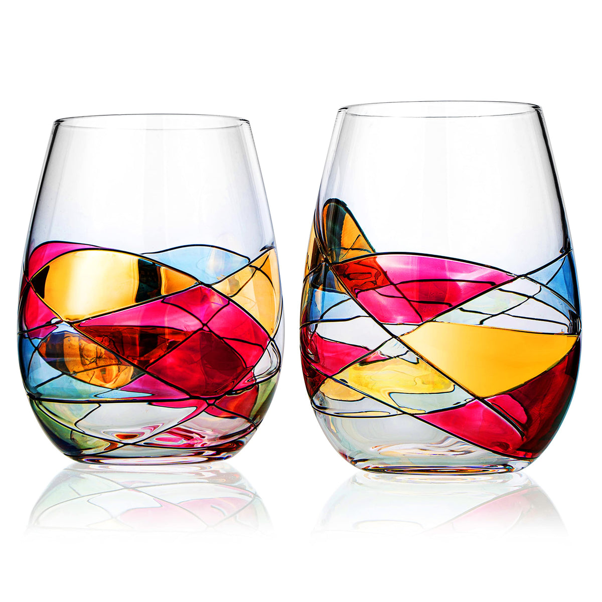 The Wine Savant vaso de vino sin tallo pintado a mano para una mesa elegante.